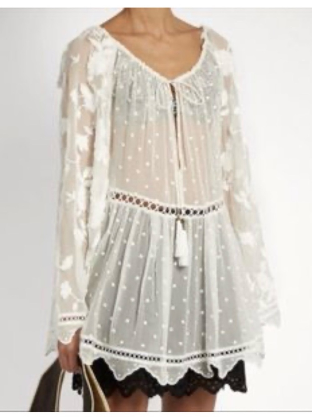 Zimmermann White Sheer Polka-Dot Embroidered Mini Dress with Tassel Tie